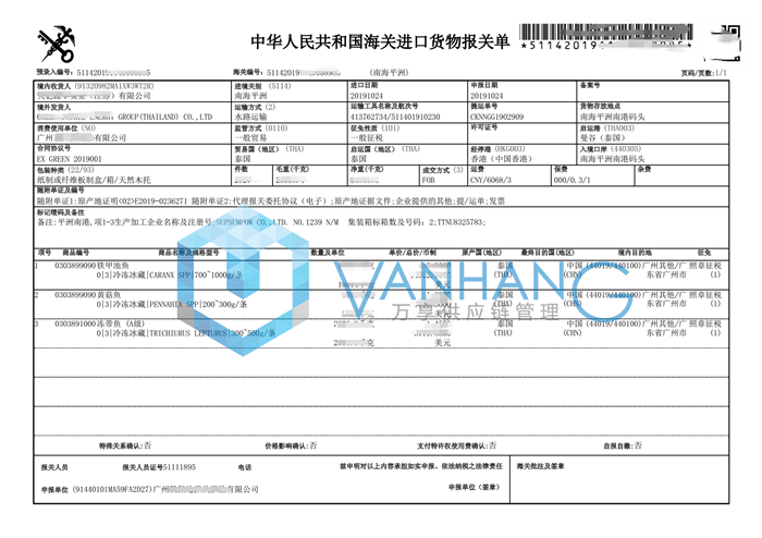 泰國冷凍帶魚進口報關資料