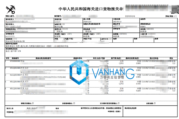 進口車燈汽車配件報關