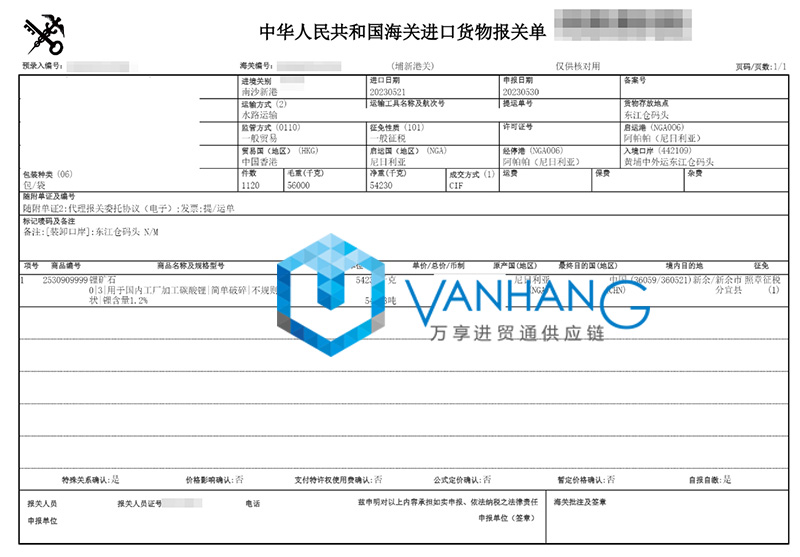 尼日利亞鋰礦石進口報關(guān)資料